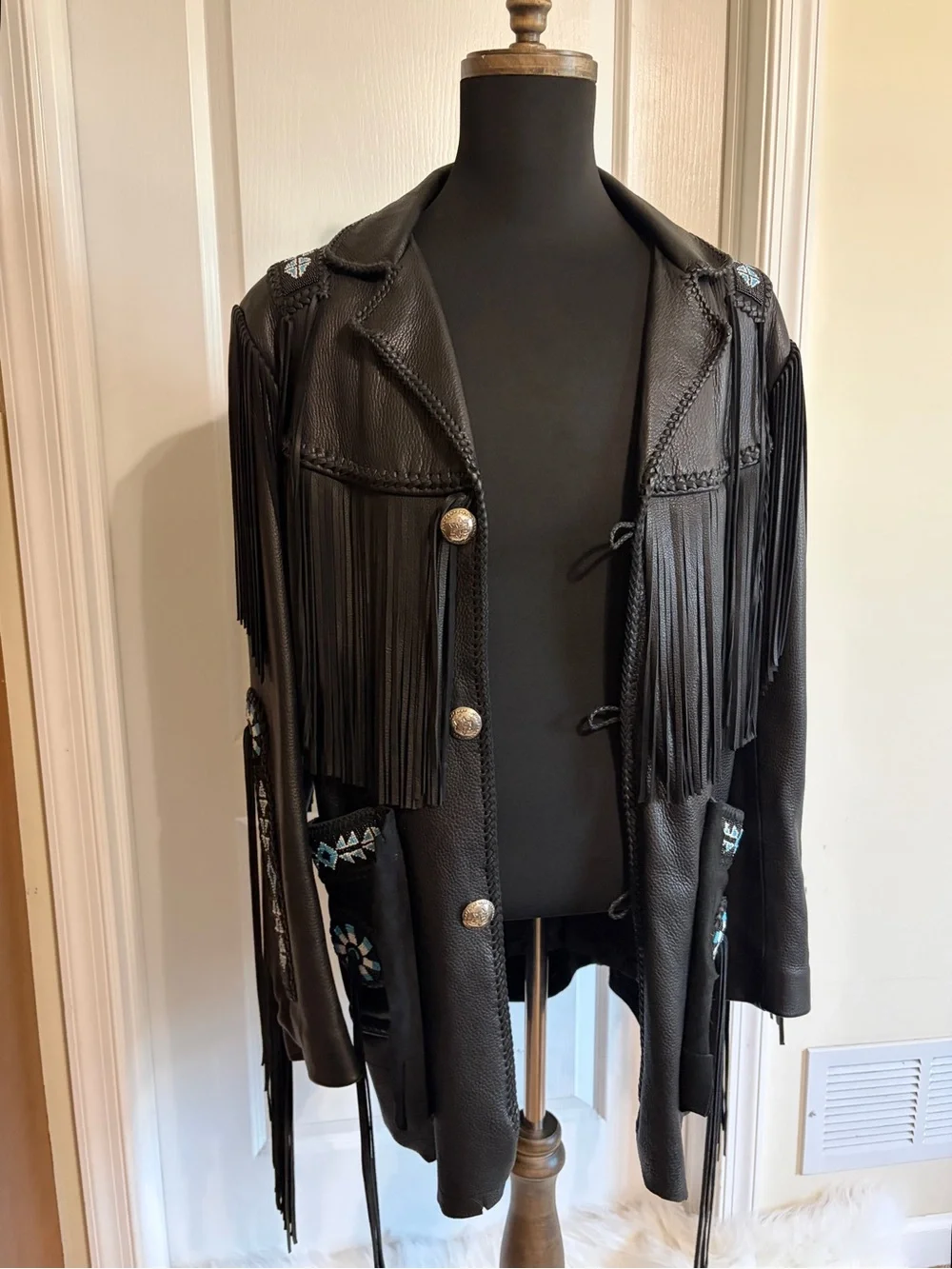 Arturo Arocha Black Leather Western Beaded Fringe Jacket 44
